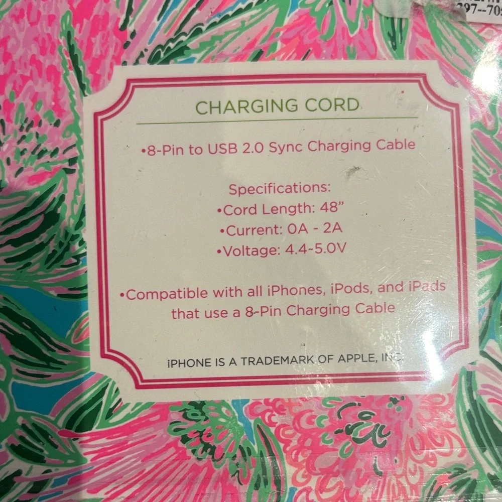Lilly Pulitzer Pink and Green Floral Lightening Charging Cable